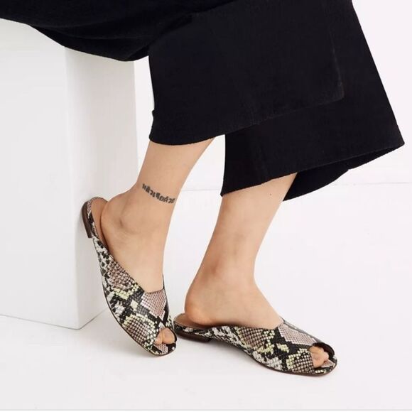 Madewell Sz 8 Erica Peep Toe Mules Snake Embossed Leather Brown Green - Picture 2 of 5